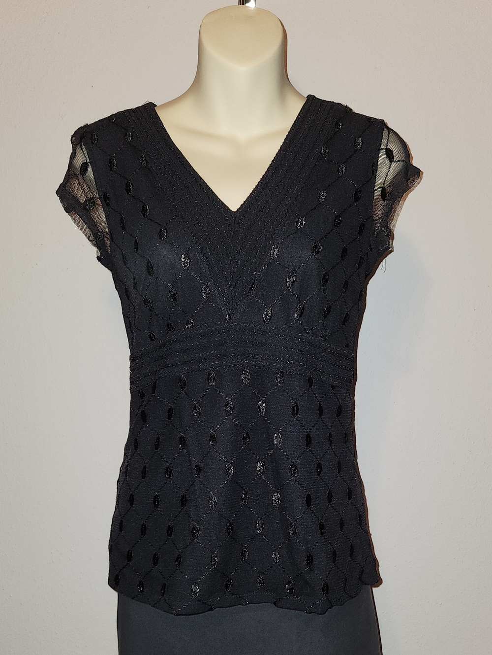 Alfani Black V-Neck Cap Sleeve Lacy Blouse